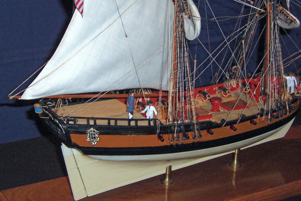 Model of privateer Fair American - View of deck from slightly aft