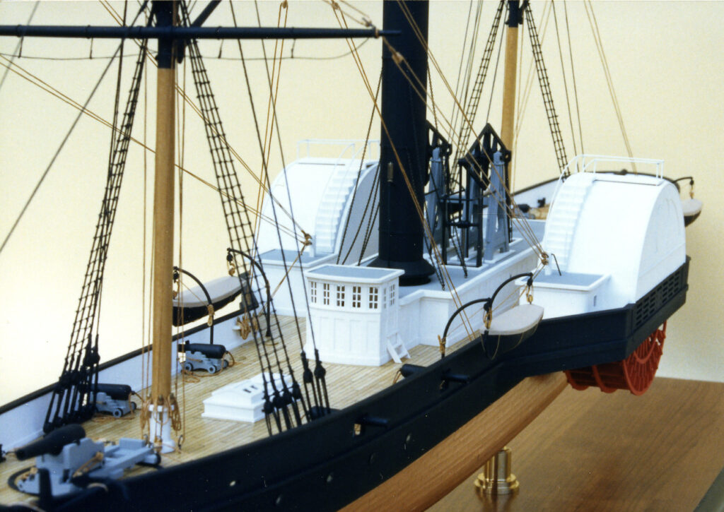 Model of the confederate side-wheel gunboat Patrick Henry - midship view from port bow