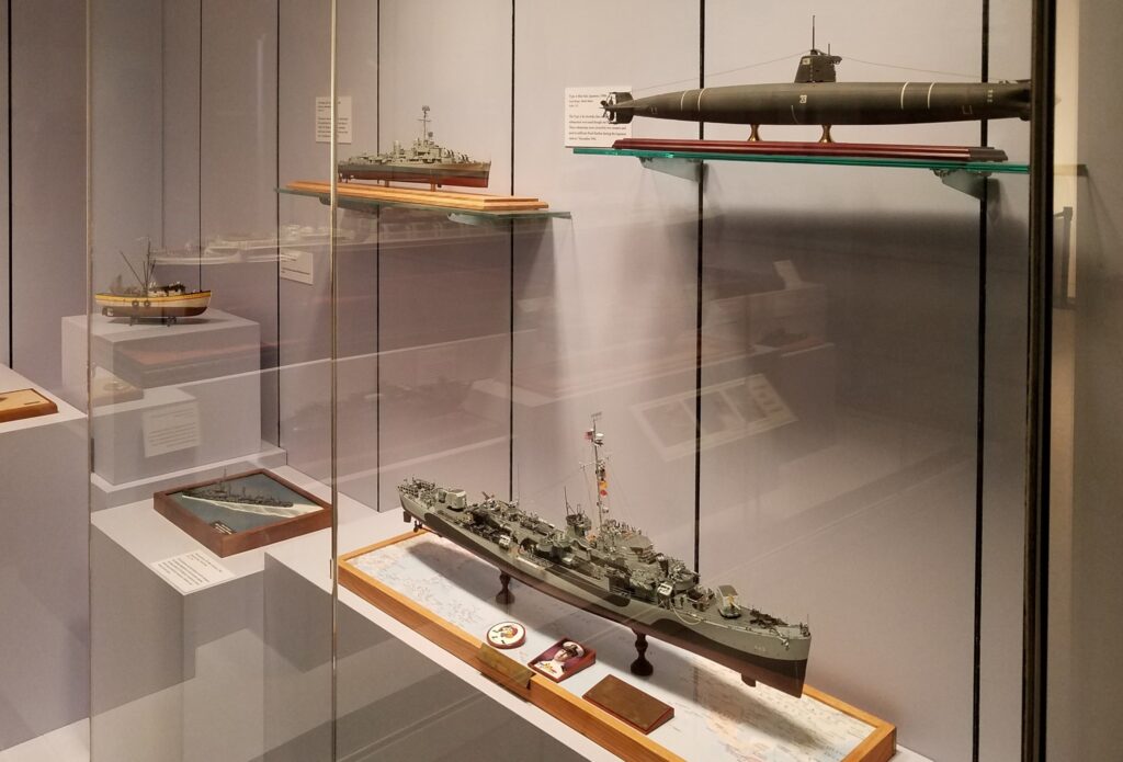 Model case at The Mariners' Museum in honor of the Hampton Roads Ship Model Society's 50th anniversary (1st case, right side)