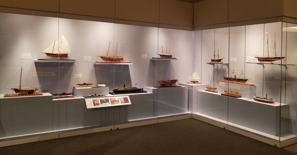 Model case at The Mariners' Museum in honor of the Hampton Roads Ship Model Society's 50th anniversary (3rd case)