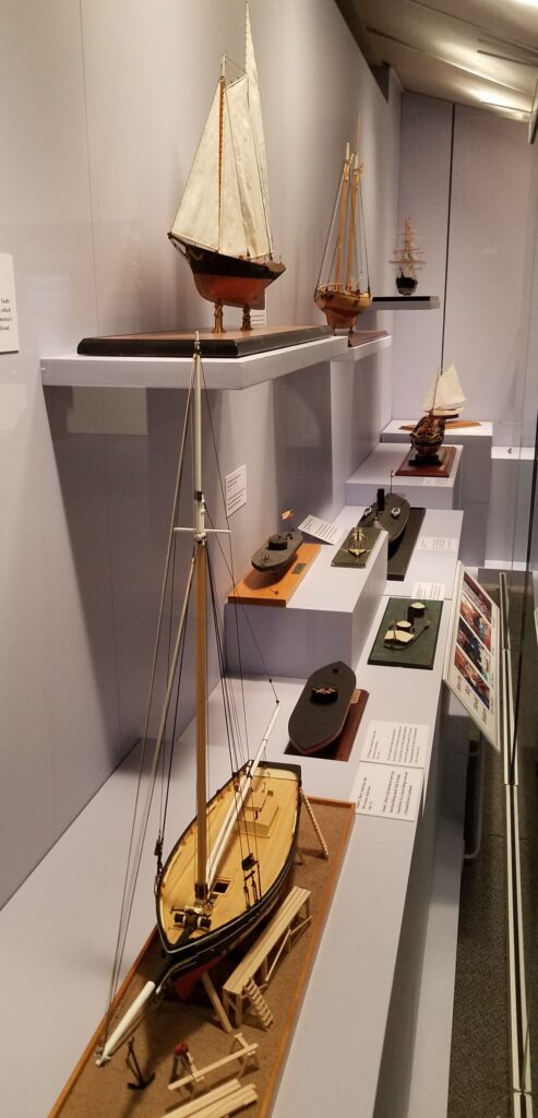 Model case at The Mariners' Museum in honor of the Hampton Roads Ship Model Society's 50th anniversary (3rd case, left side)