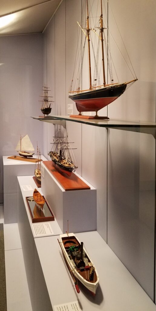 Model case at The Mariners' Museum in honor of the Hampton Roads Ship Model Society's 50th anniversary (3rd case, right side)