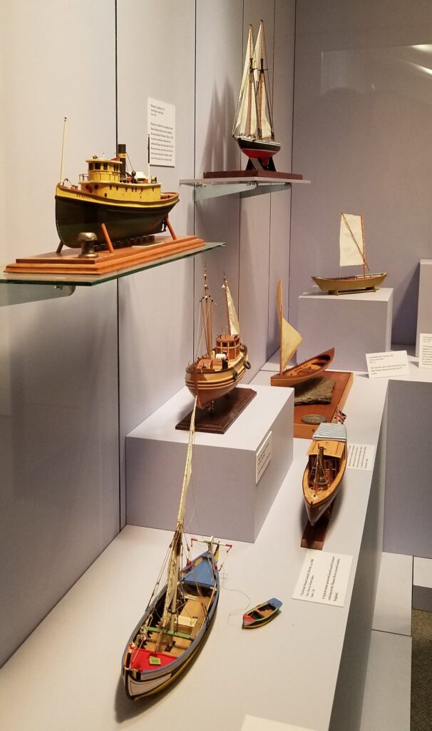 Model case at The Mariners' Museum in honor of the Hampton Roads Ship Model Society's 50th anniversary (4th case, left side)