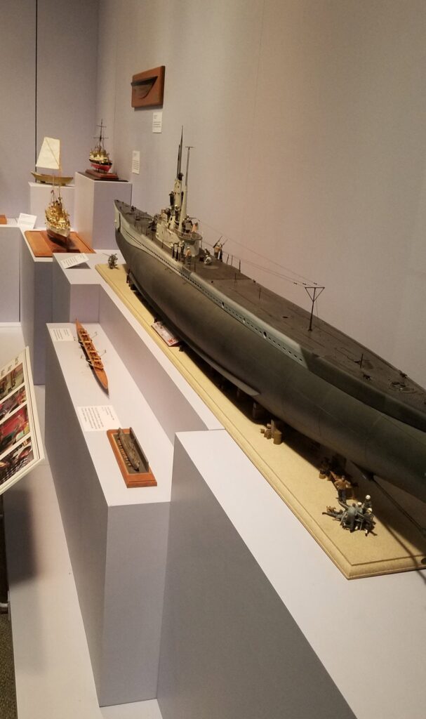 Model case at The Mariners' Museum in honor of the Hampton Roads Ship Model Society's 50th anniversary (4th case, right side)