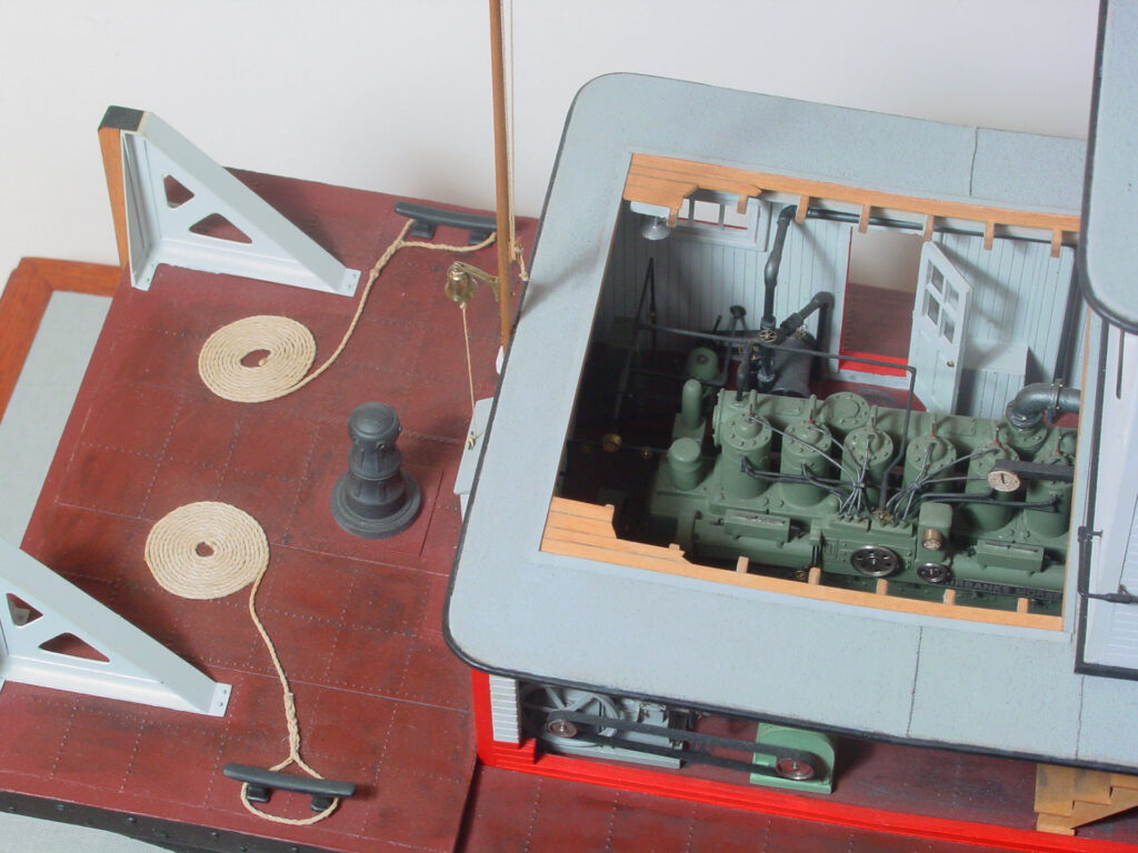 Model of stern wheel push boat 'Wild Goose' - engine room and foredeck