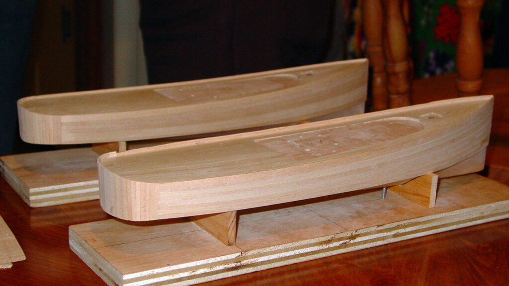 Model of tug 'Mariner' - under construction, planking over solid hulls