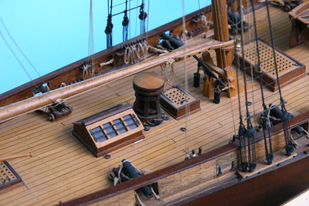 Model of schooner Fly - capstan, gratings, and skylight