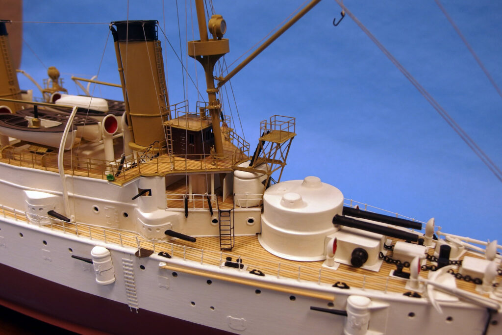 Model of USS Olympia (C-6) - Boat deck to forward turret, starboard side