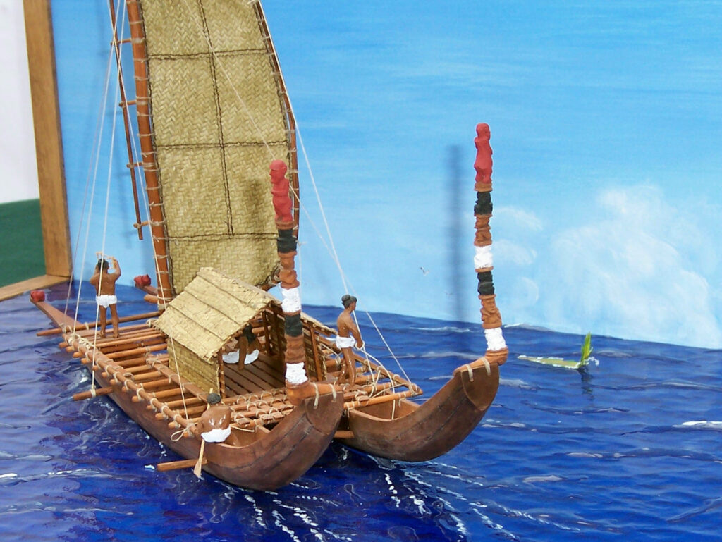 Model of a Tahitian Tipairua - Low-angle view, port quarter
