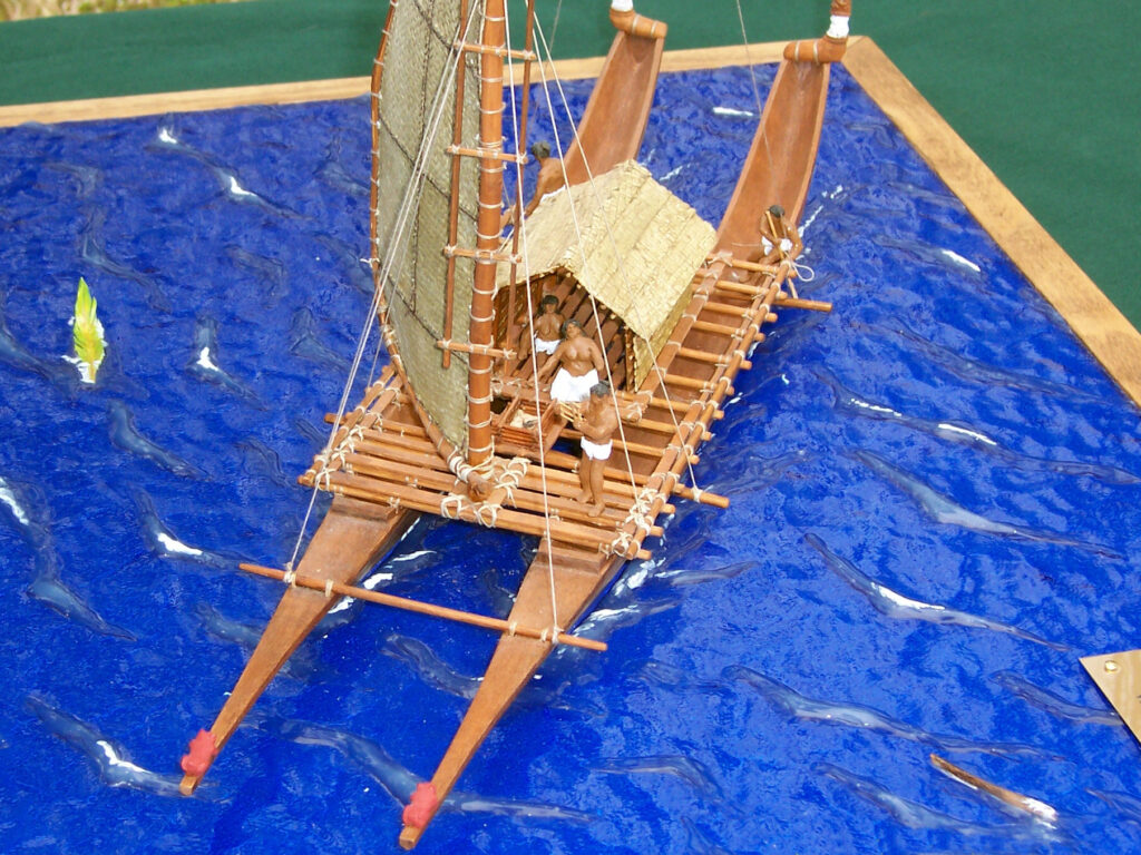 Model of a Tahitian Tipairua - High-angle view, port bow