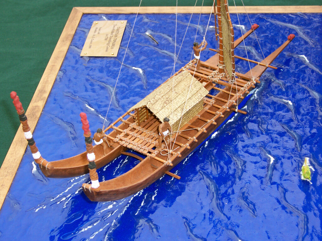 Model of a Tahitian Tipairua - High-angle view, starboard quarter