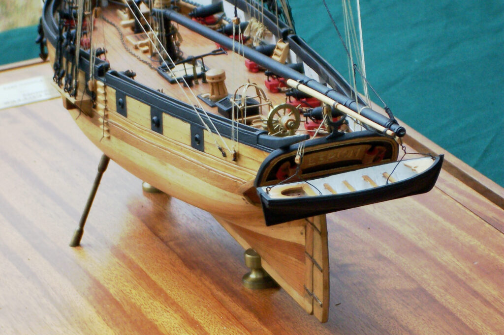 Model of the French cutter Espion - Aft deck, transom, and ship's boat