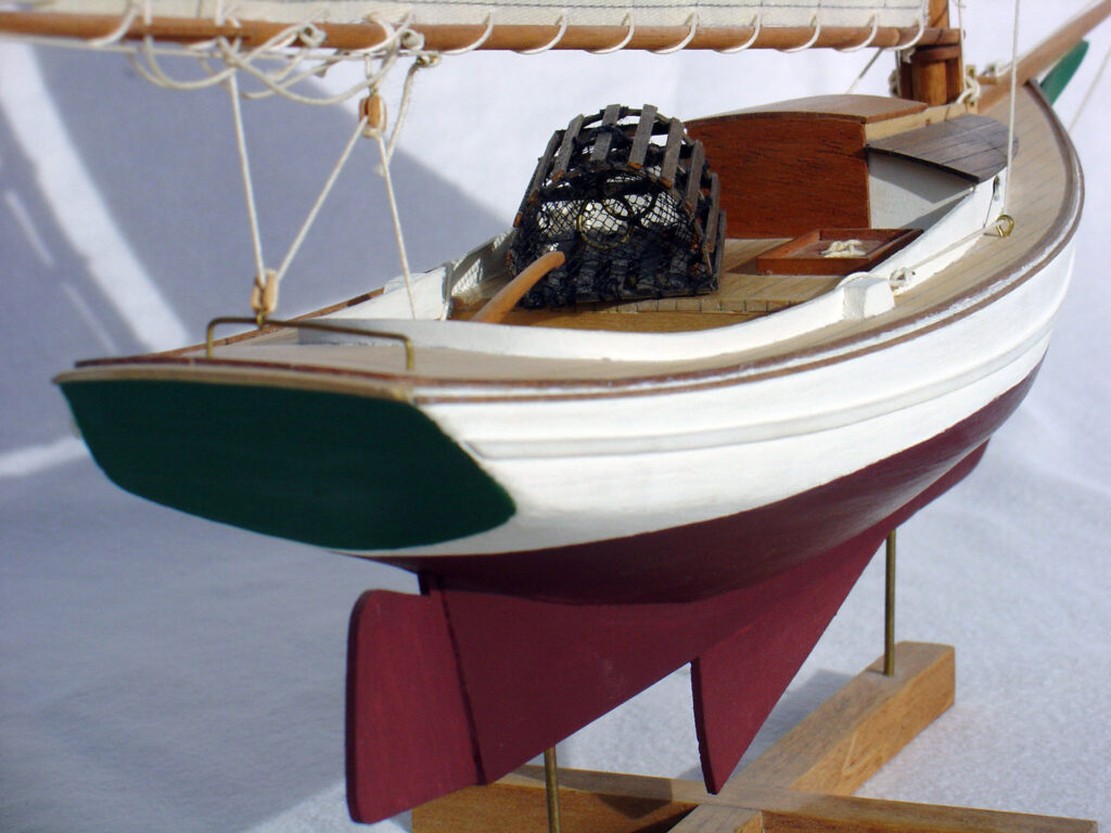 Model of a Muscongus Bay lobster smack - Low-angle view, starboard quarter