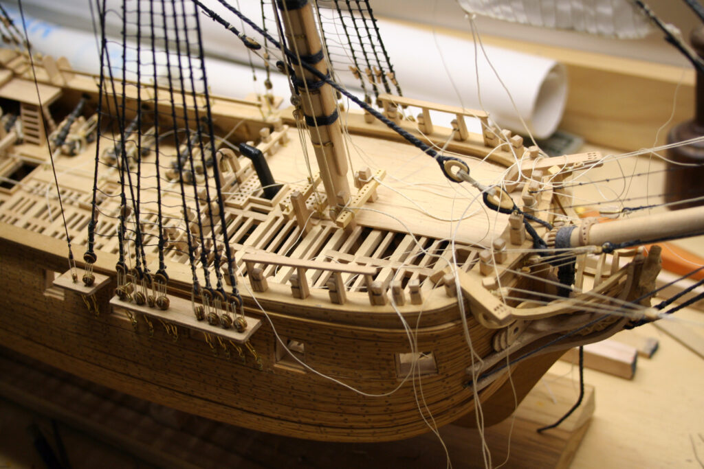 Model of Continental Frigate Raleigh - rigging in progress