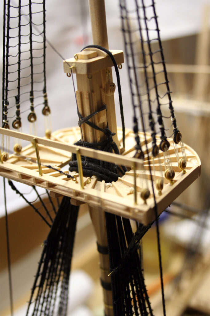 Model of Continental Frigate Raleigh - rigging in progress