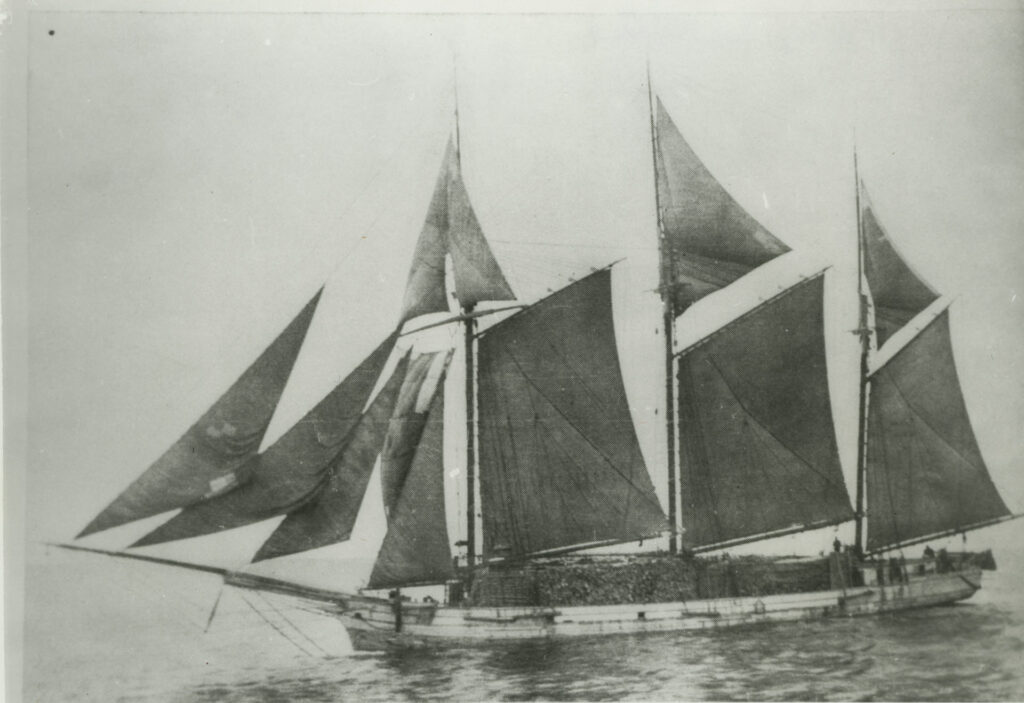 Great Lakes schooner Lucia A. Simpson - underway, lumber on deck