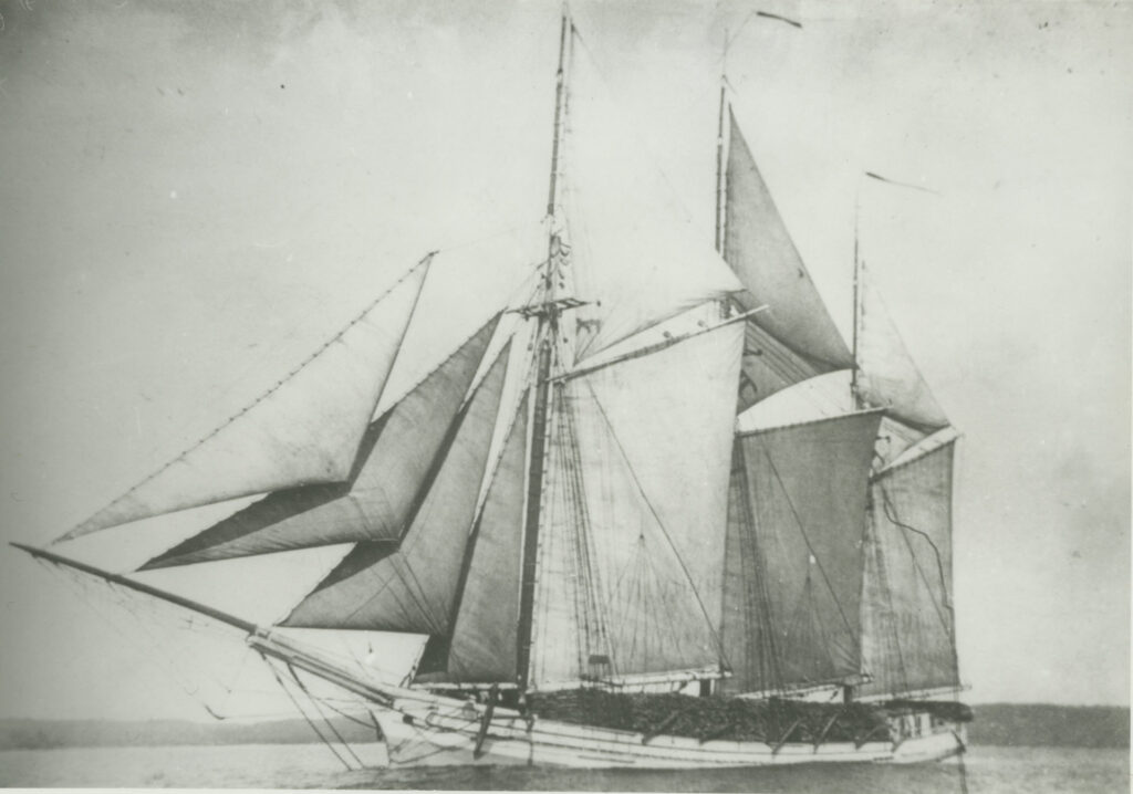 Great Lakes schooner Lucia A. Simpson - underway, lumber on deck