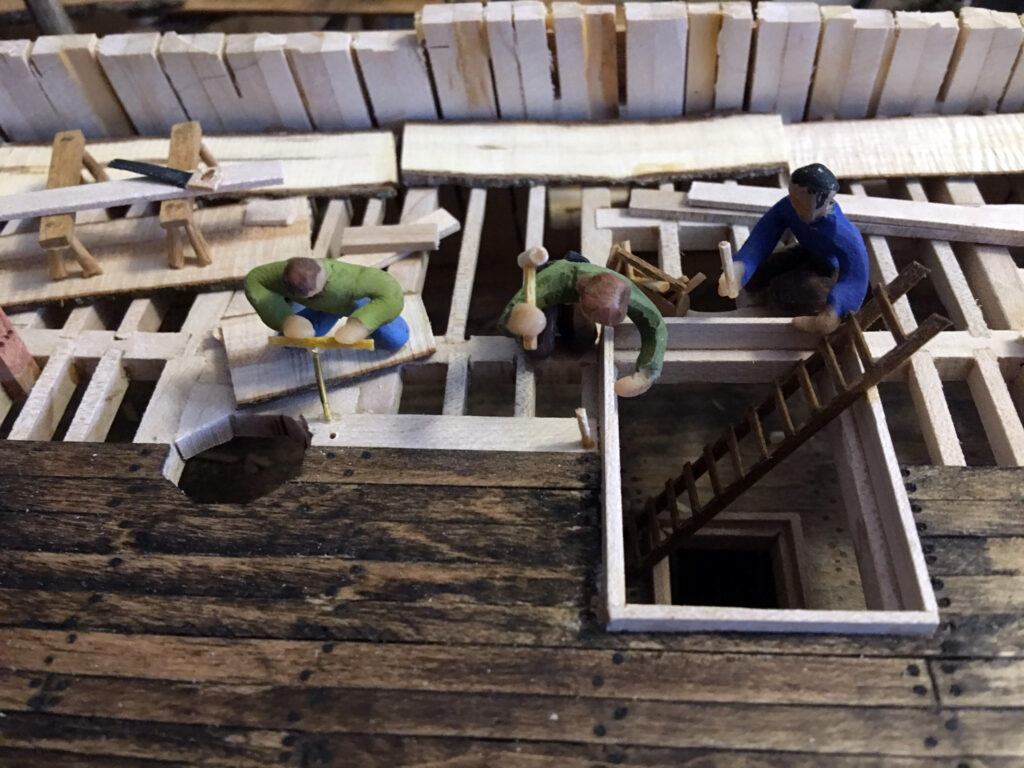 Diorama model of USS Constitution under construction - trunnels